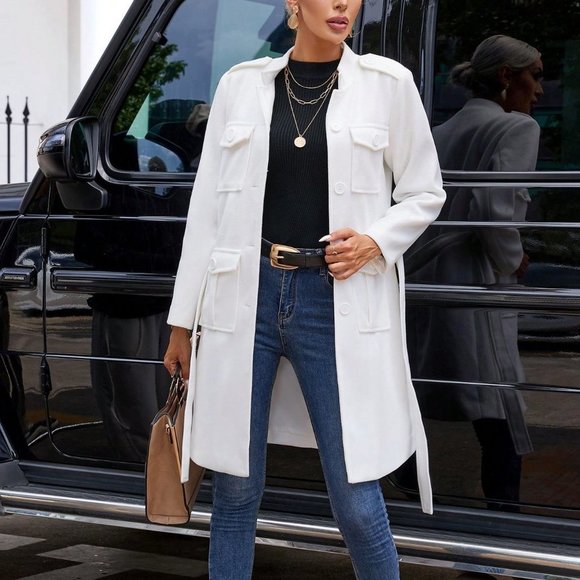 White Preppy Womens Flap Pocket Belted Overcoat - Picture 3 of 6